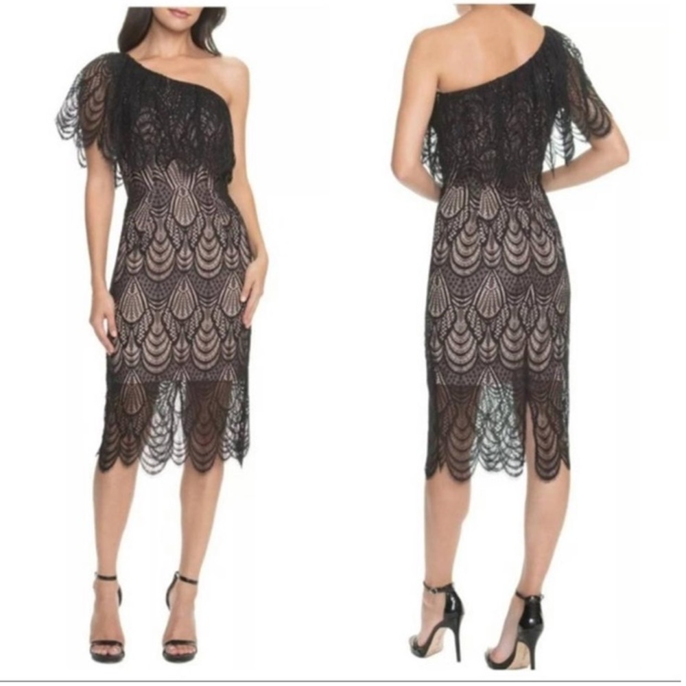 Dress the Population Black One Shoulder Lace Sheath Cocktail Dress